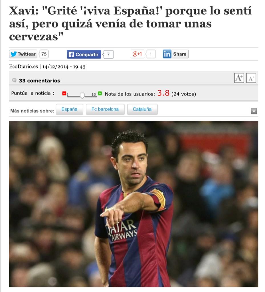 jandcalderon985's tweet photo. Xavi: ”Grite 'viva España', pero quizá venía de tomar unas cervezas".
Estas faltas de respeto son intolerables. http://t.co/EAUwMZ451q