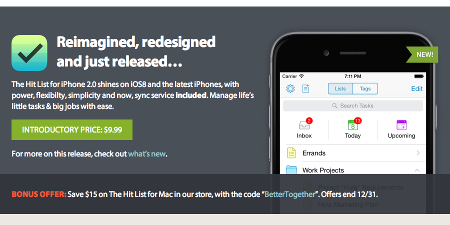 thehitlist's tweet photo. Announcing The Hit List for iPhone v 2.0! Re-imagined design and now with sync included! http://t.co/TacL6DmyE7 http://t.co/itp5gFPKgw