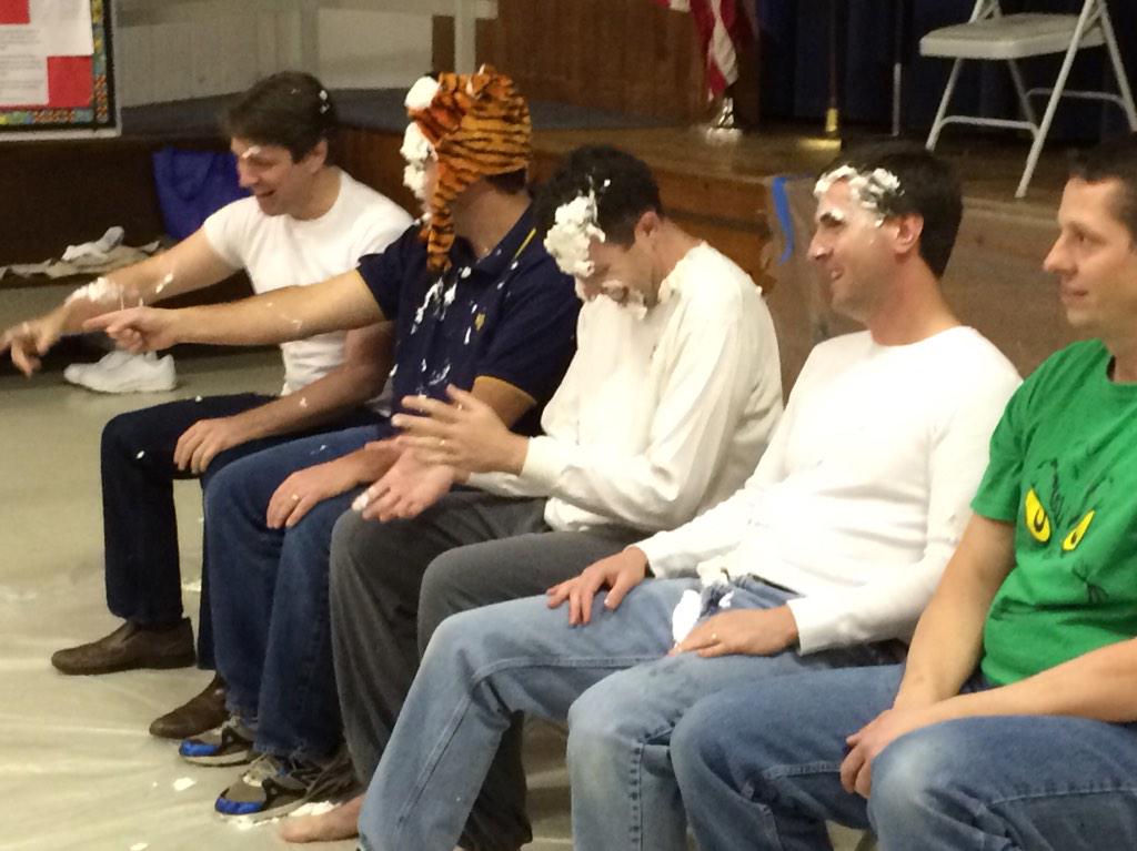 Tonight's meeting involved "special prize" for popcorn sales. Pie the Leader! Good aim boys!