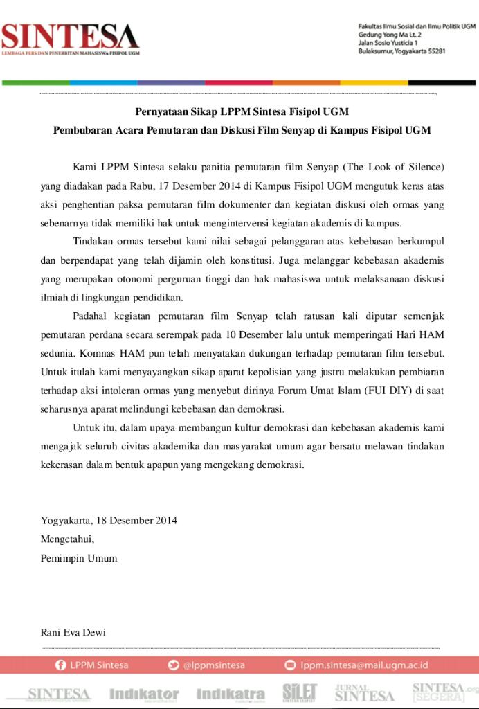 Pernyataan Sikap LPPM SINTESA terhadap Pembubaran Acara Pemutaran Film dan Diskusi FILM SENYAP di FISIPOL UGM.