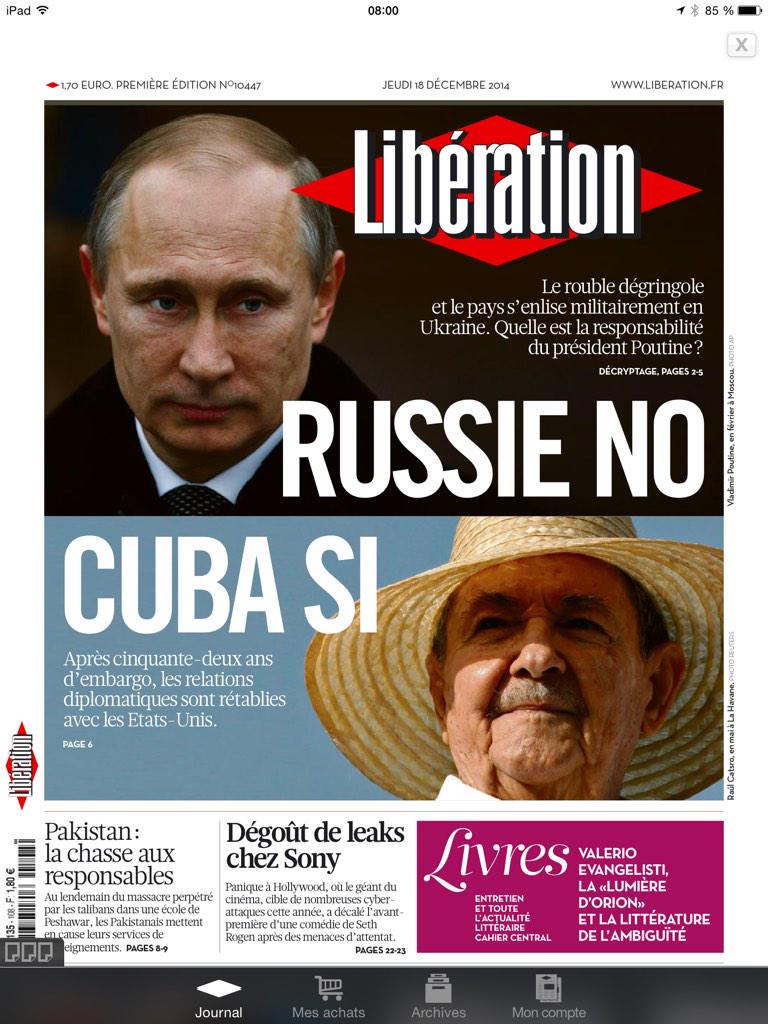 lilianalemagna's tweet image. Cuba-Russie, dble une ce matin pour @libe. Aussi: reportage au Pakistan et l'explication de #SonyLeaks par @khomille
