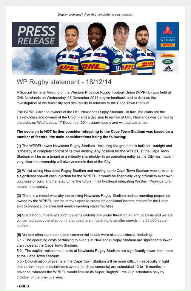Stormers to remain at historic Newlands after rejecting a proposal to move WP Rugby to #CapeTown Stadium.
