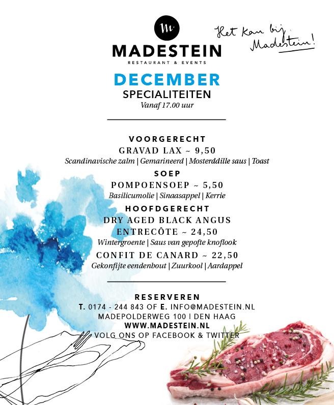 Kom genieten van onze maandspecials in volledige kerstsfeer. 
#Kerst #Specials #HetkanbijMadestein #December #denhaag