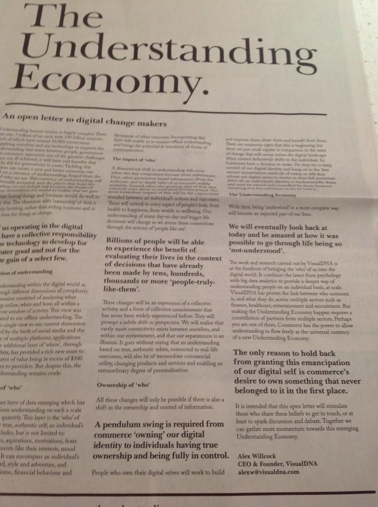 Marthalanefox's tweet image. This is unusual, full page ad in @guardian  + plea for "understanding" by combining psychology + #BigData @VisualDNA