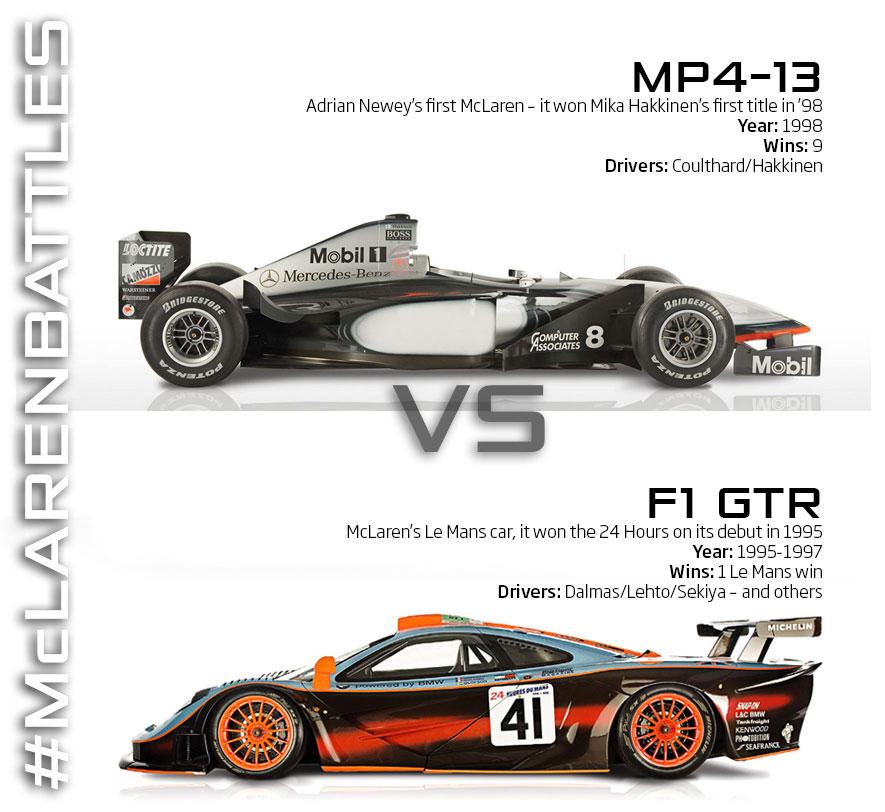 McLarenF1's tweet photo. Our @24hoursoflemans car, the #F1GTR takes on Mika's 760 bhp #MP413. Mega. #McLarenBattles http://t.co/OxSae6h4dV