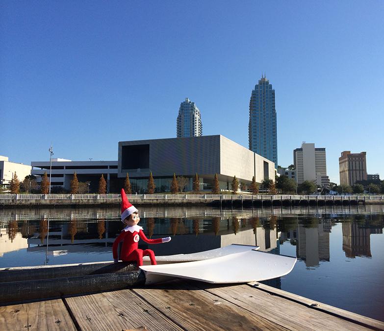 UofTampa's tweet photo. Sir Sugarplum sits on the #Utampa dock, having found some oars and debating whether to take to the river. #UTampaElf http://t.co/Aofb6F1DFO