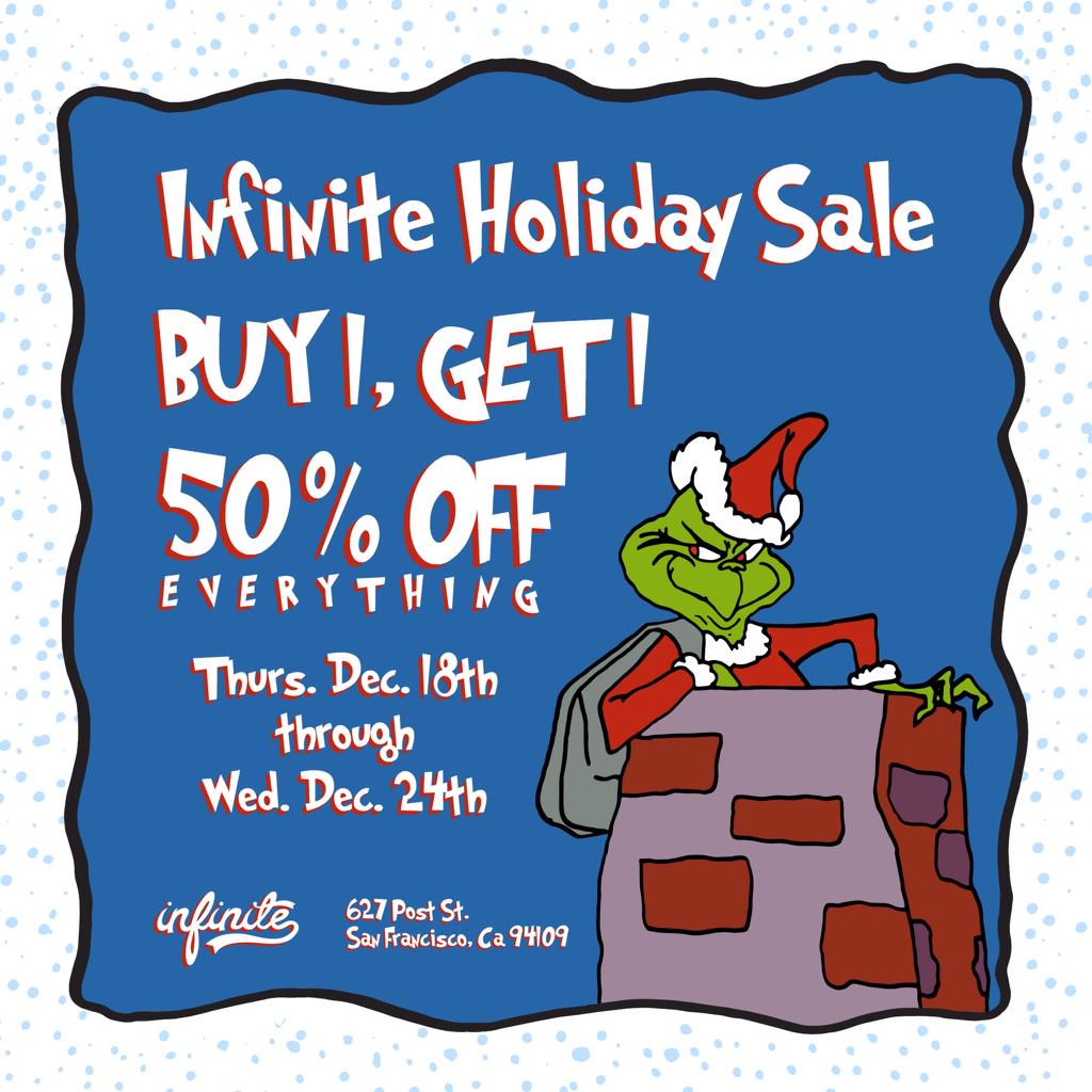 InfiniteSF's tweet photo. Our Holiday SALE starts today!!! Buy 1, Get 1 50% OFF now until Christmas Eve. http://t.co/gFzeVliczp