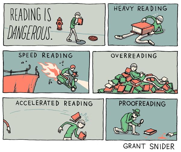 Libroantiguo's tweet image. Better Bookshelves &amp;amp; Reading Is Dangerous by Grant Snider. 
Incidentalcomics.com