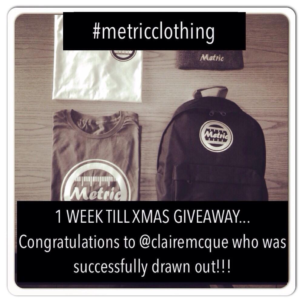 MetricClothing's tweet photo. Congratulations to @ClaireMcQue for winning our 1 WEEK TILL XMAS GIVEAWAY!

DM us your preferences #metricclothing http://t.co/lLO023T4A8