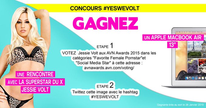 Grand Concours #YESWEVOLT !!! Gagnez : - un APPLE MACBOOK AIR 13" - une Rencontre avec la Superstar du<a href="/tag/yeswevolt"class="tags">#YESWEVOLT</a>