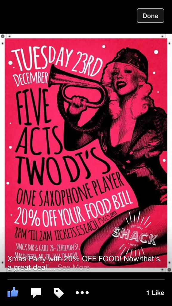 TheShack_MCR's tweet photo. Xmas party 23rd December 20% off your food bill#5livebands#saxphonistwithDJ#£5 open till 2am http://t.co/ovAKdvcWUZ