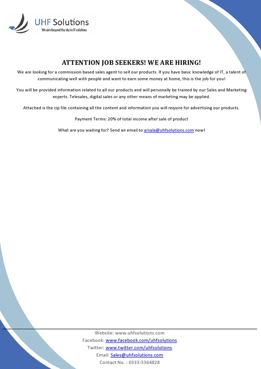 uhfsolutions's tweet image. Attention #Job Hunters!Commission based #sales agent required in #Pakistan for #IT! #telesales #digitalmarketing #khi
