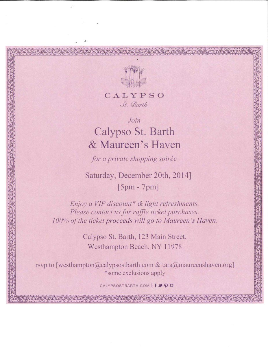 Saturday from 5-7pm,Calypso St. Barth's,Westhampton Beach great discounts and raffle prizes!! Shop local, Give local!