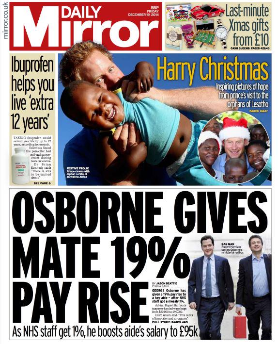 SkyNews's tweet photo. MIRROR FRONT PAGE "Osborne gives mate 19% pay rise" #skypapers http://t.co/07xH2RzEtA