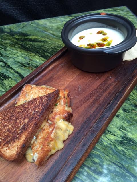 Lunch special .<a href="/PatioGoldfinch/">Patio on Goldfinch</a> grilled cheese w crimini mushrooms, basil, parsley-with a creamy cauliflower soup.#yum