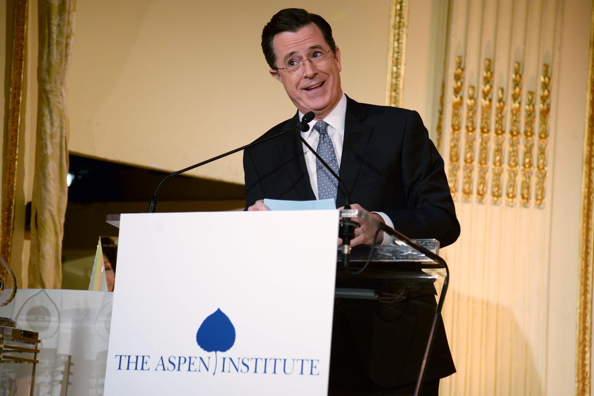 AspenInstitute's tweet image. Congrats on 9 great years, @StephenAtHome! #TBT your hilarious remarks at our 2014 awards dinner. #ColbertReport