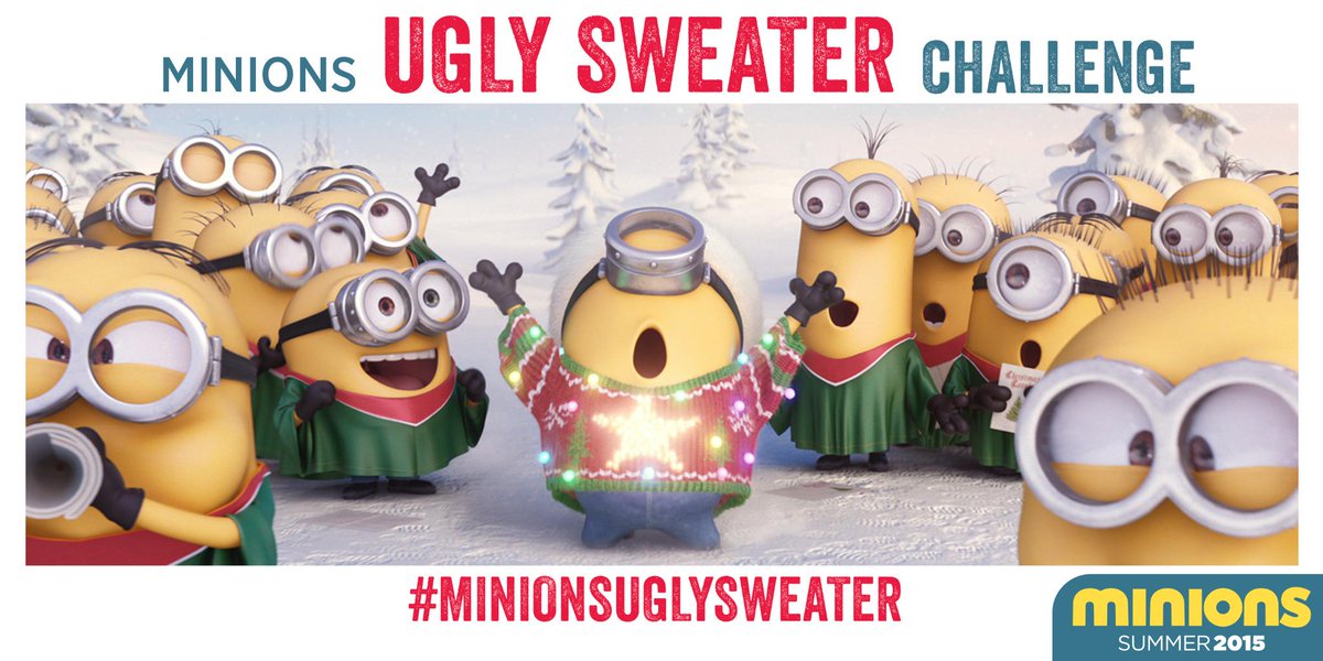 Minions's tweet photo. Show the #Minions your holiday spirit. Tweet an ugly sweater pic using #MinionsUglySweater. http://t.co/i48AoXO9EQ http://t.co/N5WPQV4bIs