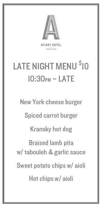 aviaryhotel's tweet photo. @Happiest_Hour Come on down and try our new late night menu! :) http://t.co/bSlDI3jYhI