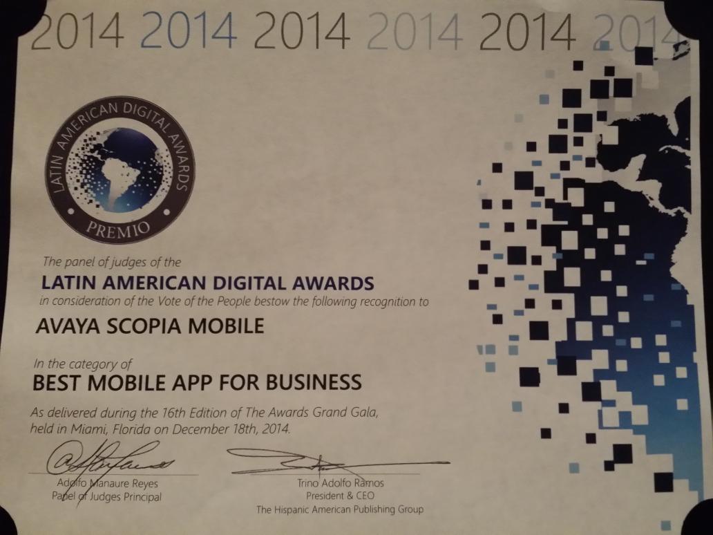 Pilarmetzler's tweet photo. Scopia de @Avaya Mejor Aplicación Móvil para Negocios Premios #LADA2014 @Avaya_Latam http://t.co/gnU0hGqzK8