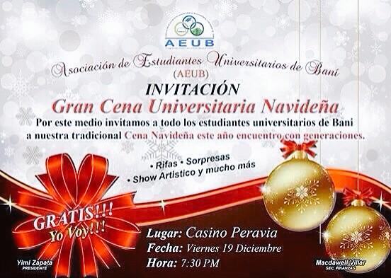 FESDsedecentral's tweet photo. La Asociación de estudiantes Universitarios de Baní, nos extienden una invitación a su tradicional cena navideña. http://t.co/cZc8sxb0Oy