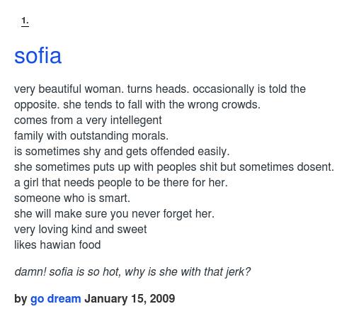 Urban Dictionary On Twitter Sofiacarsones Sofia Very Beautiful Woman Turns Heads Occasionally Is Told T Http T Co 893qgy5z6c Http T Co Um8dws7h4h
