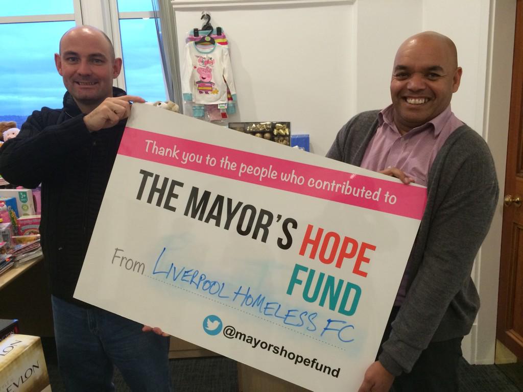 MayorsHopeFund's tweet photo. First up with their thank you to all who contributed to the Mayor's Hope Fund is  @LivHomelessFC #BetterXmas http://t.co/lVZpPSti6A