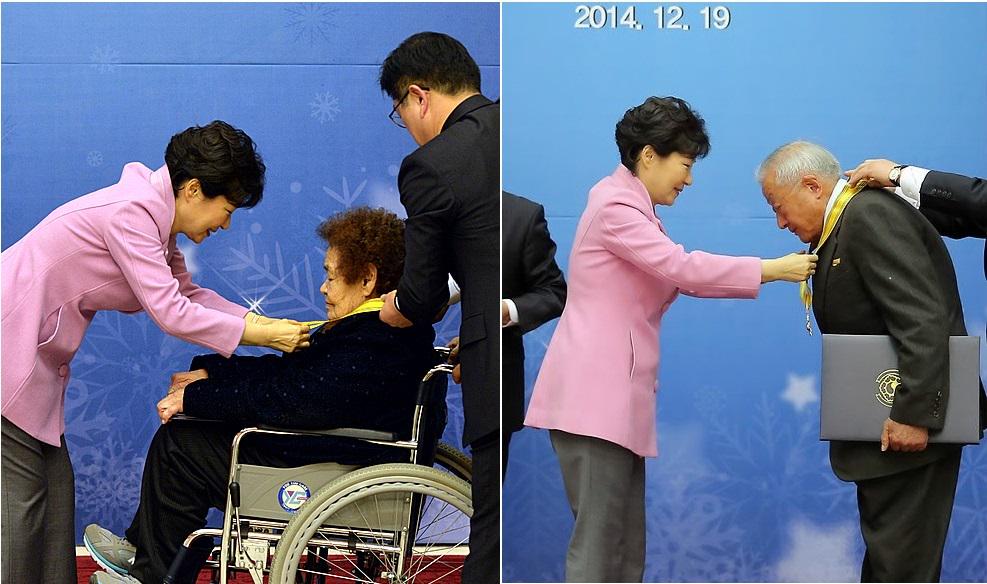 국민훈장 동백장은 해외 오지 마을에서 30년간 의료봉사를 펼친 강원희 씨(78세)와 정부보조금 등으로 모은 전 재산을 불우학생을 위한 장학금으로 기부한 위안부 피해자 김군자 할머니(88세)가 수상받았습니다.