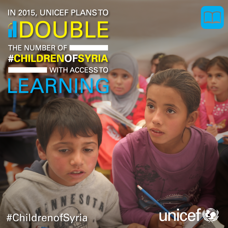 UNICEF's tweet photo. 2015 target: 830,300 #childrenofsyria enrolled in formal #education. http://t.co/iQuXAq3gv7 http://t.co/B8KIvgjp9c via @UNICEFmena