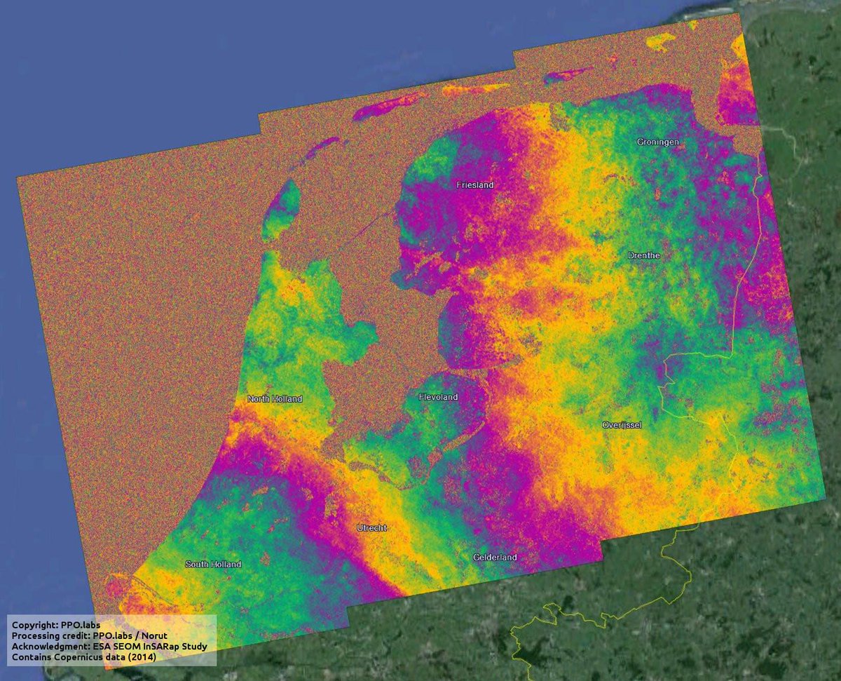 First #Sentinel1 TOPS interferogram over NL, era of operational #InSAR in NL has started! cc:<a href="/NLSpaceOffice/">NSO</a> <a href="/ESA_nl/">ESA Nederland</a>