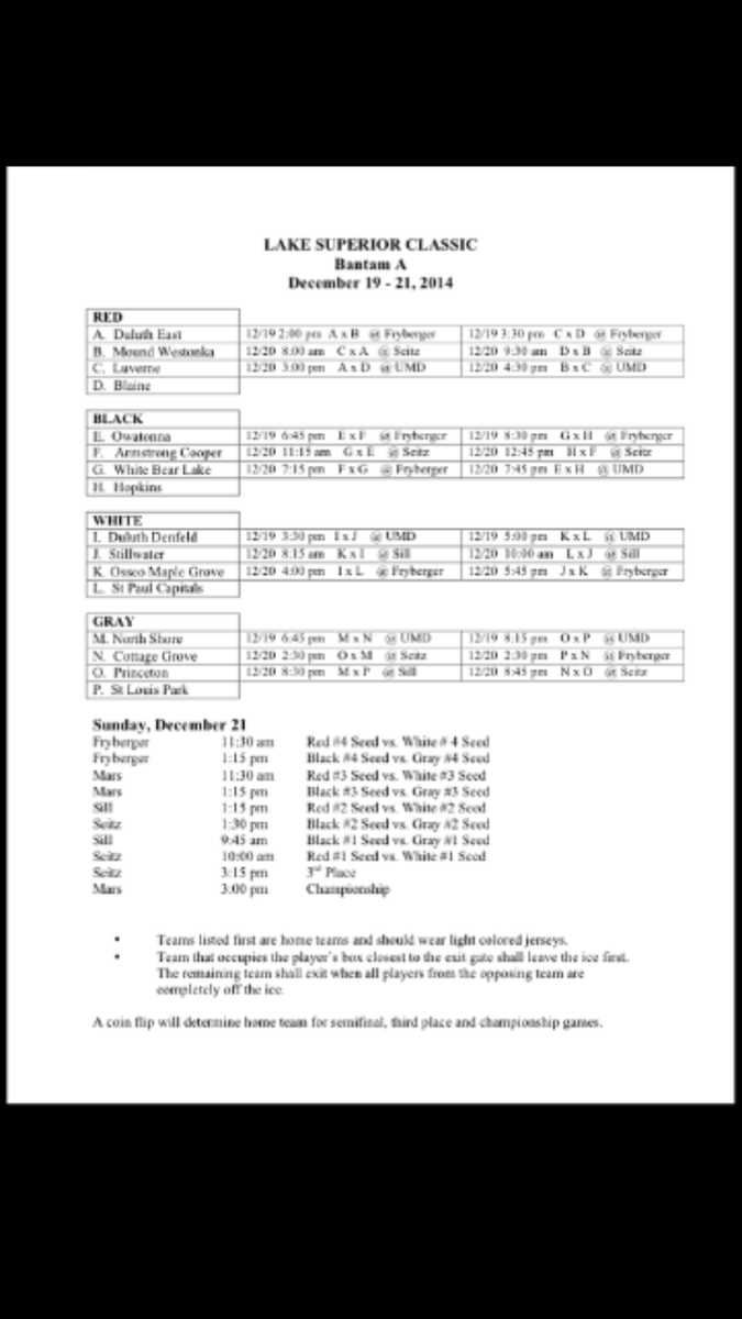 Duluth Bantam A Predictions:

Red Winner: Luverne
Black: Owatonna
White: St. Paul
Gray: SLP

Finals: SLP > St. Paul