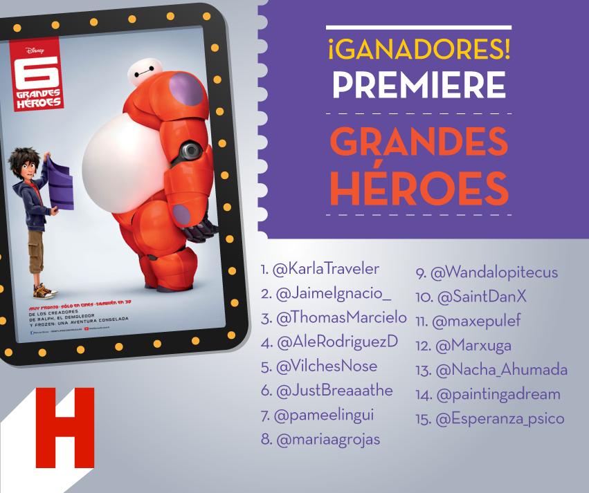 Cinepoliscl's tweet photo. [GANADORES] Mañana los esperamos para una experiencia enorme en la premiere de #GrandesHeroes. Manden su rut! http://t.co/TFtWjGGMzd