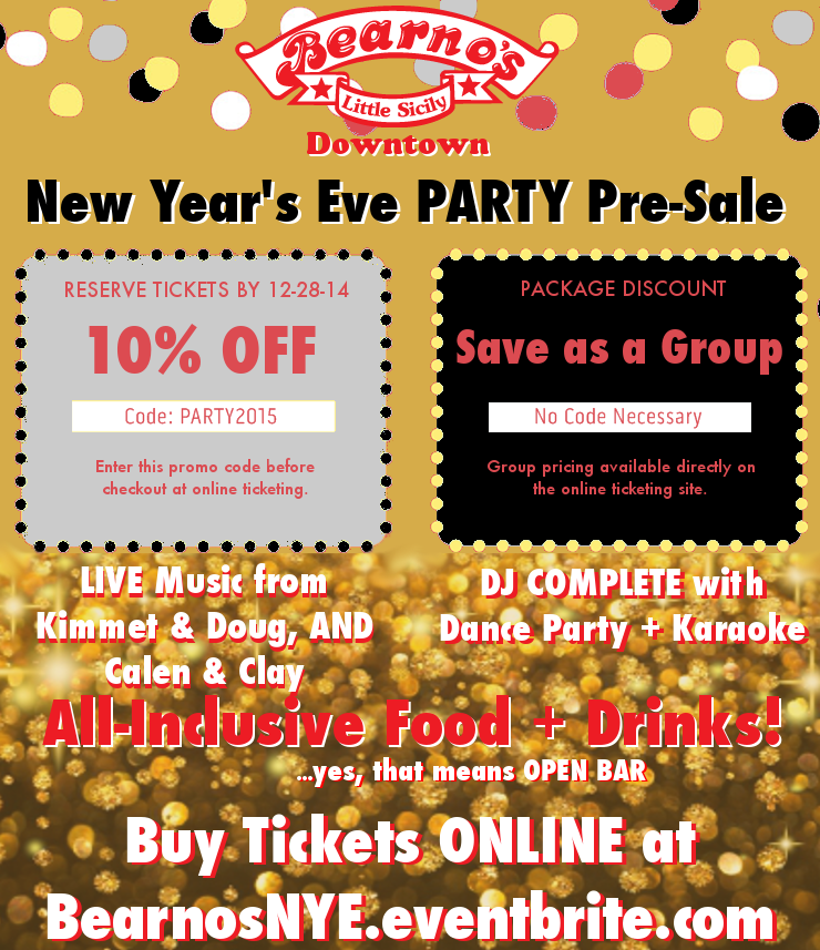 NYE tix special Pre-Sale!  All-inclusive, OPEN BAR, live music, dj, etc. etc.  On sale now at BearnosNYE.eventbrite.com