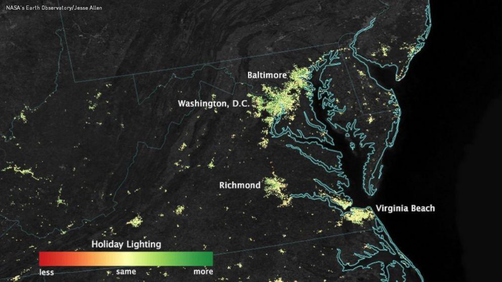 ABC's tweet photo. NASA can see your holiday lights from space: http://t.co/wmkP00KO8R http://t.co/TsOd15hHYF