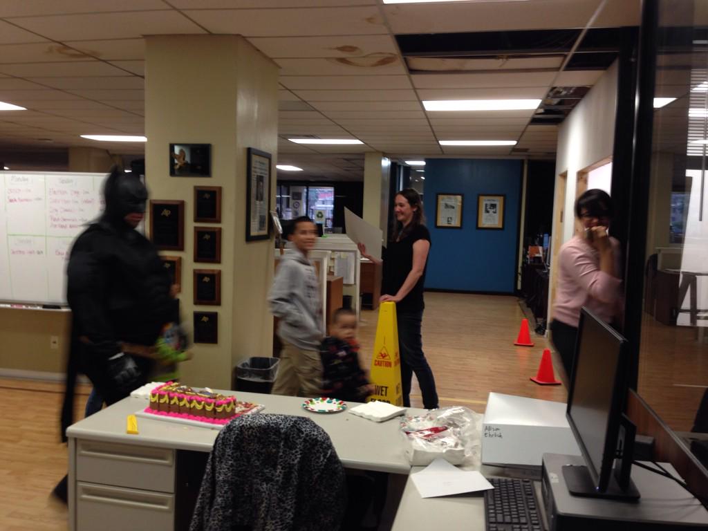 CallerAllison's tweet photo. Batman in the newsroom?! Best last day ever! http://t.co/VnN9PwrhUS