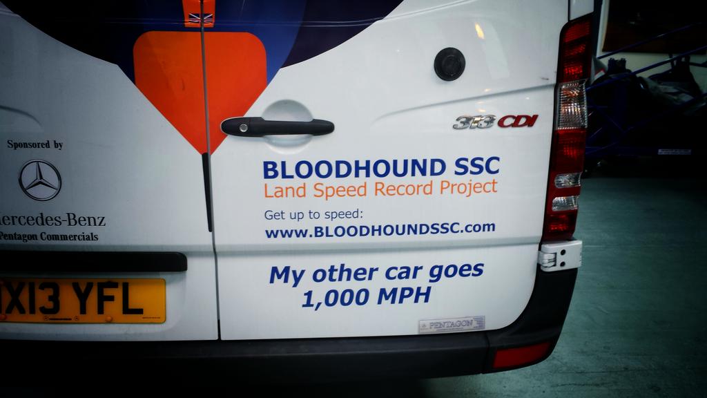 Oli_Morgan's tweet photo. Pls RT - "My other car goes 1,000 MPH" #BumperSticker on the @BLOODHOUND_SSC Events van #speed #Swag https://t.co/xSVBXe7AQ5