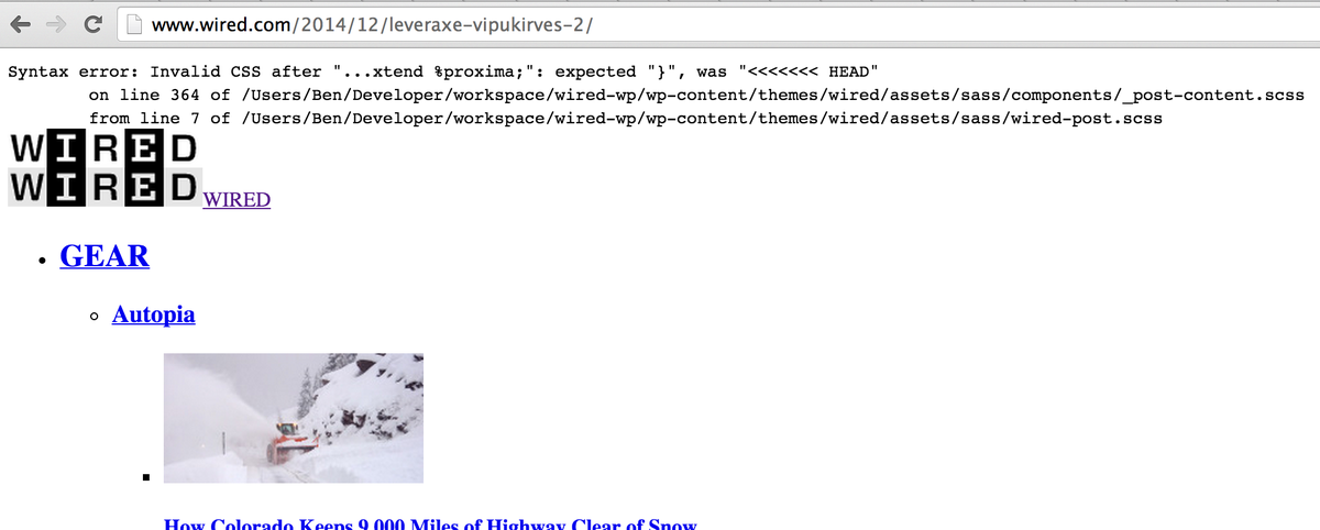 the_blangel's tweet image. Errors on websites suck. This one is fun! I see the merge error! @WIRED #gitblame #ben