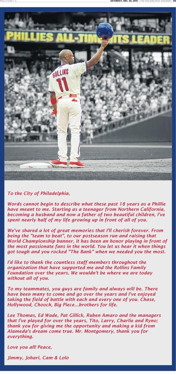 phillysport's tweet photo. Jimmy Rollins took a full-page ad in tomorrow's @PhillyInquirer to thank the Phillies and the city of Philadelphia. http://t.co/t2G9QlDlTy