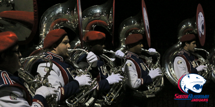 Salute2VetsBowl's tweet photo. The South Alabama band plays for #JAGNation at the @MGMAdvertiser Street Fest pep rally. http://t.co/ezaGnpSxZo