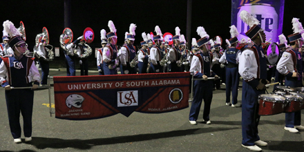 Salute2VetsBowl's tweet photo. The South Alabama band plays for #JAGNation at the @MGMAdvertiser Street Fest pep rally. http://t.co/ezaGnpSxZo