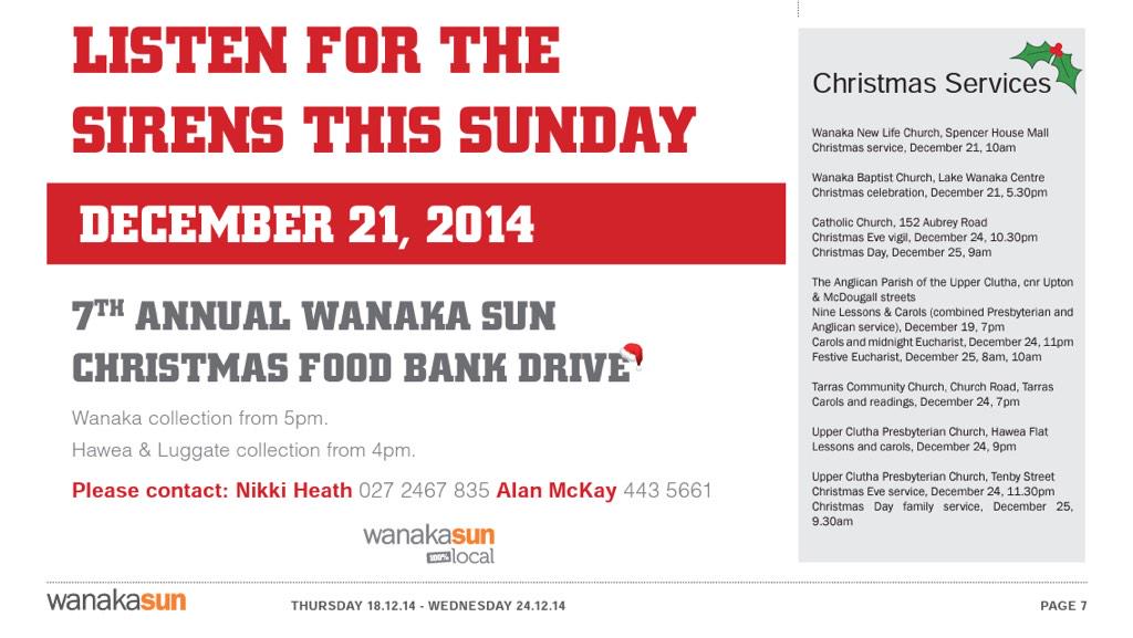 Tomorrow night <a href="/WanakaSun/">Wanaka Sun</a> #Christmas #Foodbank Drive  - listen for the #sirens RT