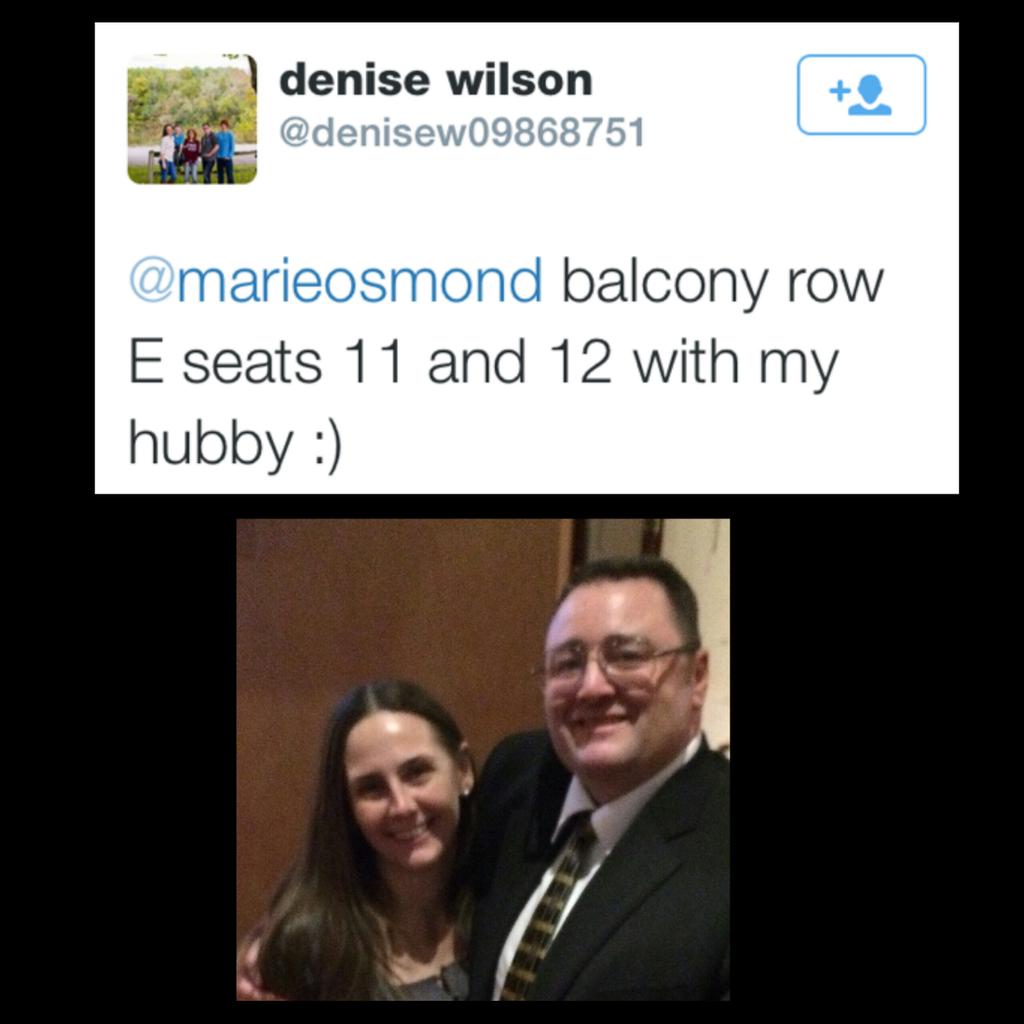 marieosmond's tweet photo. Congrats tonight's #MarieFrontRow winner! Who will be next sitting front row? π #DonnyMarieTour http://t.co/ibZ3EKHKcm