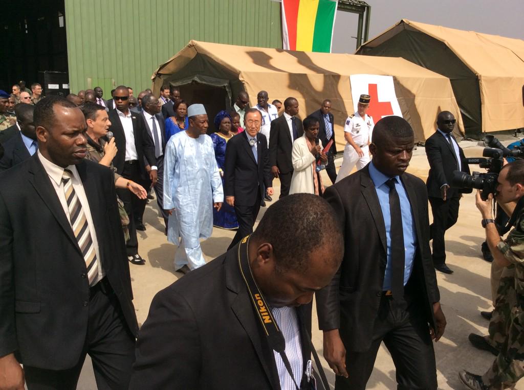 UN_Spokesperson's tweet photo. #Guinea President Condé and #UNSG visit French-run #Ebola centre to open in Conakry on 15 January. #EbolaResponse http://t.co/jL2JaUQJY8