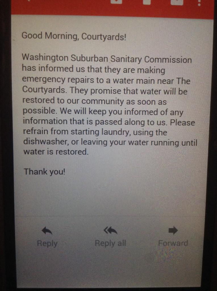 JMKTVShow's tweet photo. #BREAKING - Water main break near The Courtyards (#UMD student apartment complex) http://t.co/ne6PjMPGzR