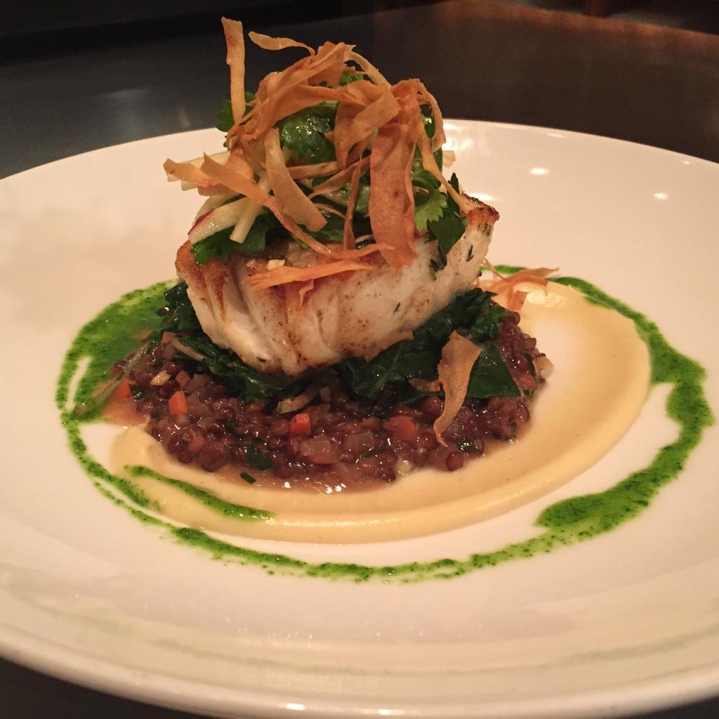 DCChefJames's tweet photo. Cod, pickled lentils, parsnips, cilantro Pesto http://t.co/WYSO2Kncwx