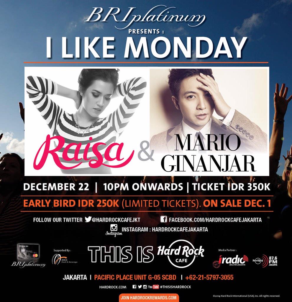jgn lupa ya, senin tgl 22 kita nyanyi brg di I Like Monday <a href="/HardRockCafeJKT/">HardRockCafe Jakarta</a> ya! show terakhir di jkt tahun ini nih..
