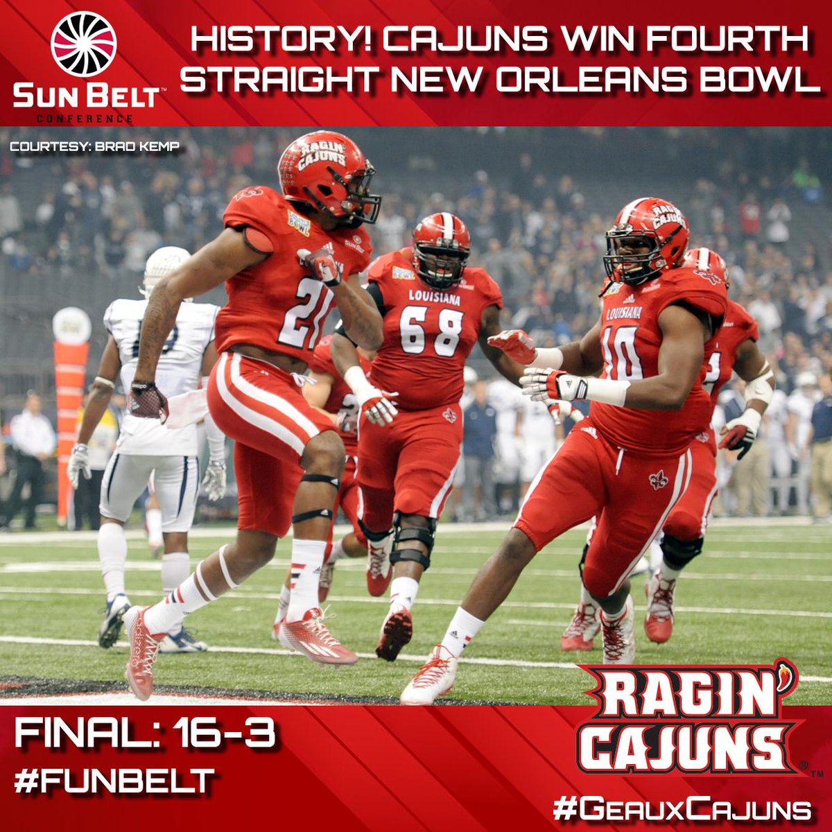 SunBelt's tweet photo. Four In A Row! @RaginCajunsFB Wins 4th Consecutive @NewOrleansBowl, 16-3 over Nevada
#FunBelt #NewOrleansBowl http://t.co/4Z6r7YgxWS