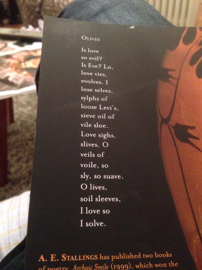 David Wheatley Pa Twitter One Of The Best Poems In Ae Stallings Olives Is On Back Cover Rather Than In Book Itself Http T Co Gqs4ymkaep