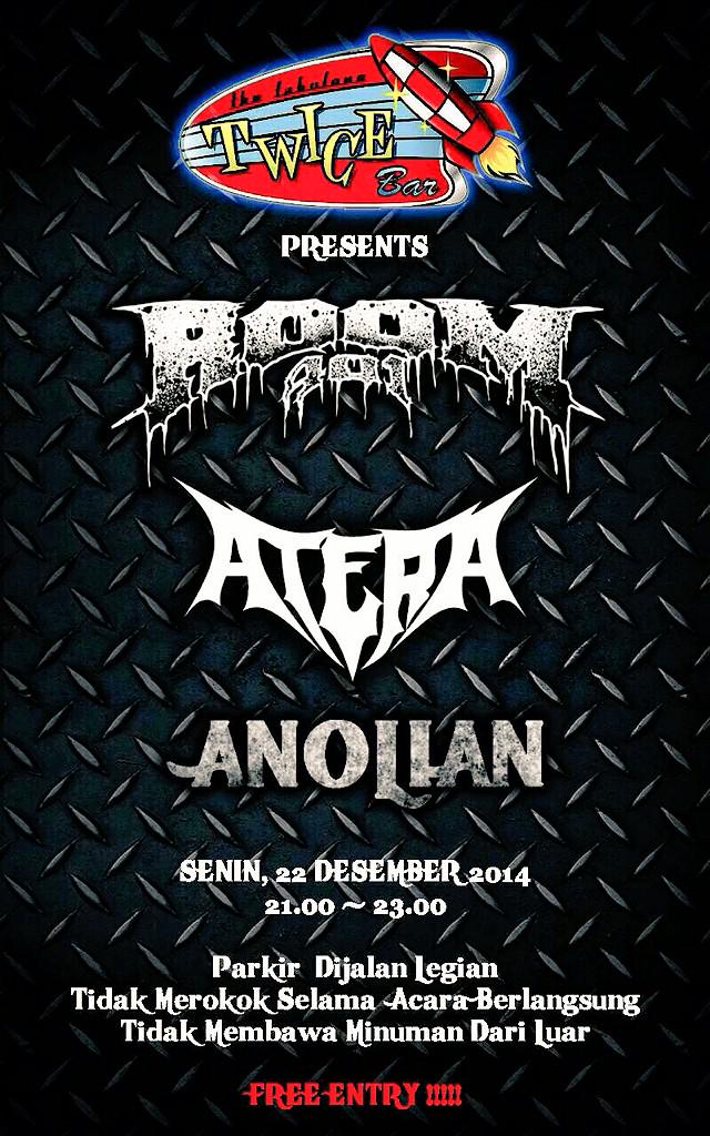 Ayo besok malam yg gk ada kerjaa dtg ke twicebar Anolian show jm 9 ada Atera dan room401 jg. Be there MF!