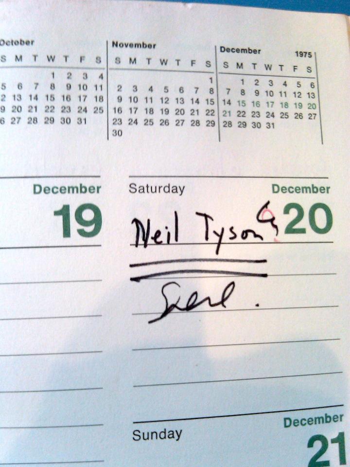 December 20, 1975: 17 years old, I visited Carl Sagan at Cornell University. His Appt. Book that day.