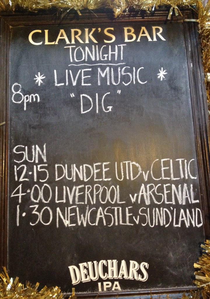 Our Xmas fare today? Great footy, live music &amp; lovely beers. #ClarksBar #Edinburgh #livemusic